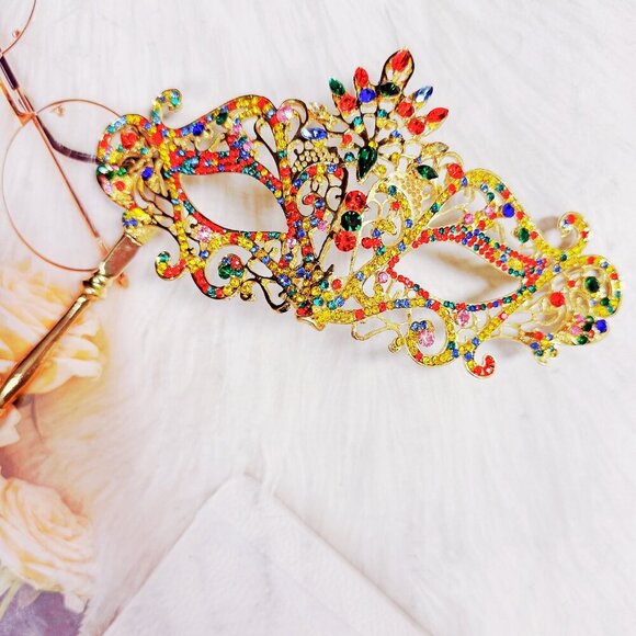 Rainbow Masquerade Mask, Crystal Handheld Mask, Gold Mask, Prom Mask, Pride Mask - Picture 7 of 9